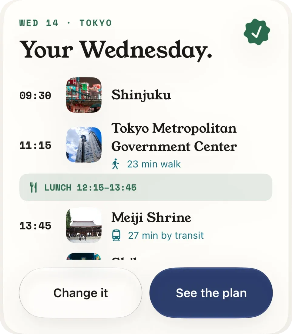 Your Wednesday: Shinjuku at 09:30, Tokyo Metropolitan Government Center at 11:15, lunch, Meiji Shrine at 13:45