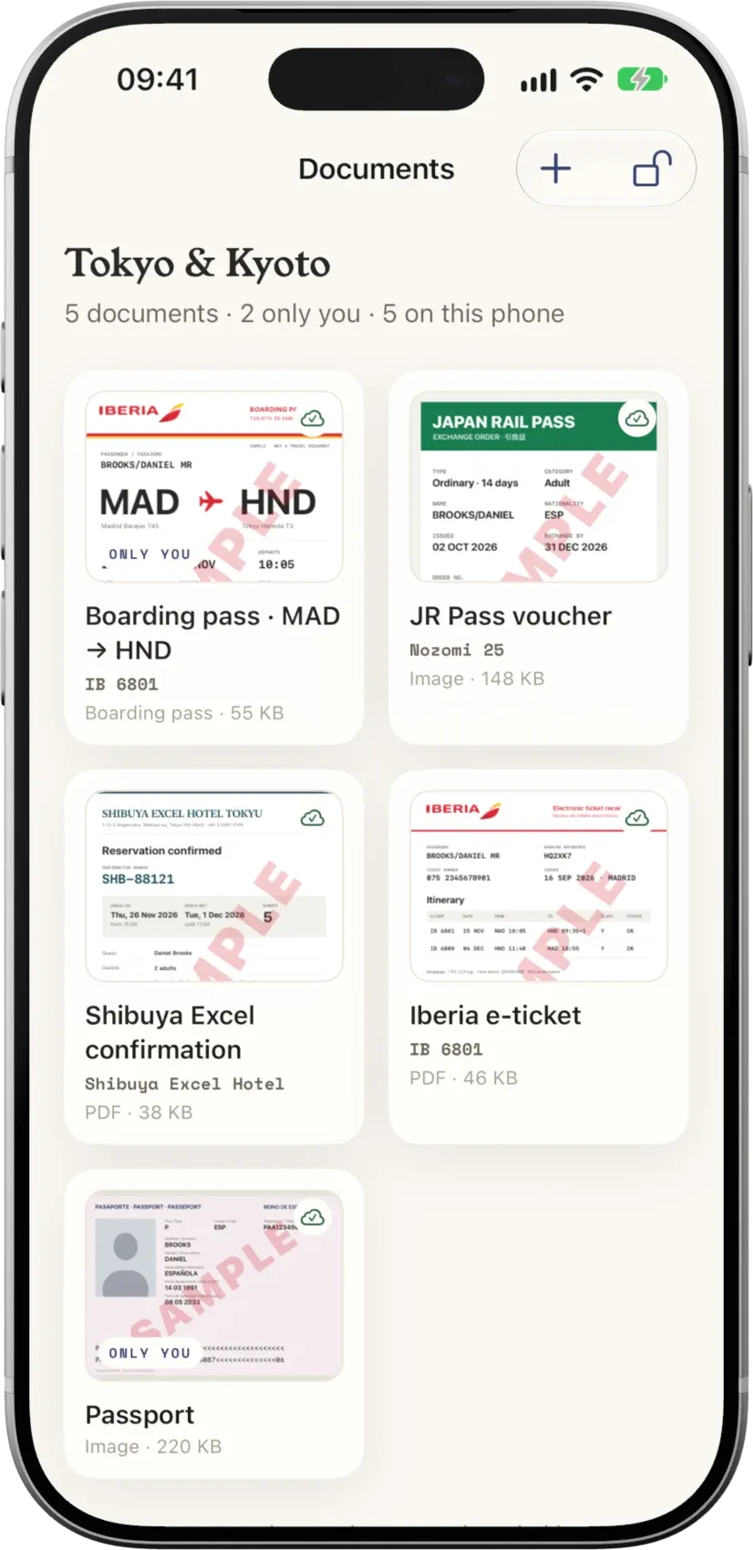 Traypass documents for Tokyo and Kyoto: a boarding pass, a JR Pass voucher, a hotel confirmation, an e-ticket and a passport, two of them only for you