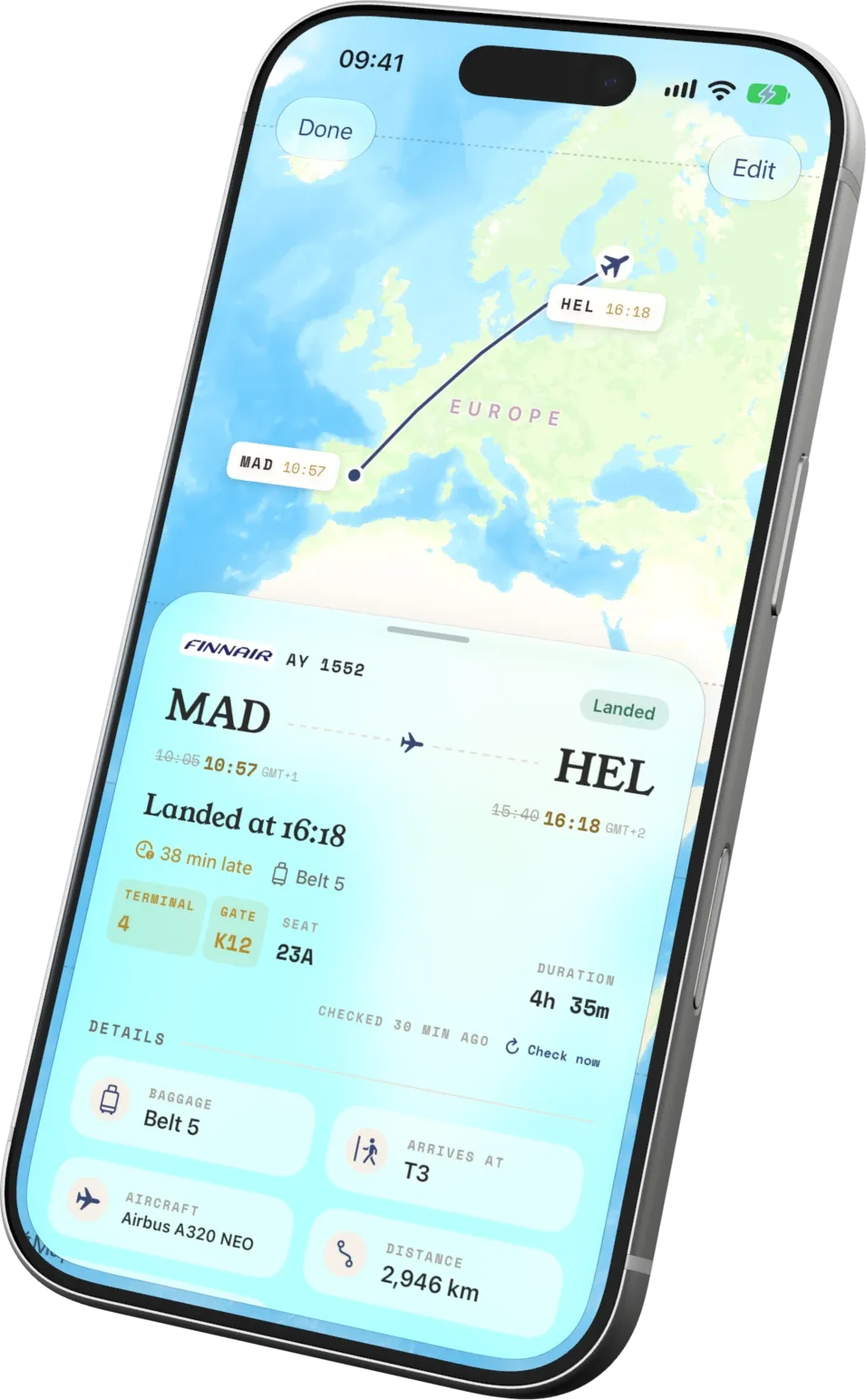 Traypass flight detail: Finnair AY 1552 from Madrid to Helsinki, landed at 16:18, gate K12, bags on belt 5