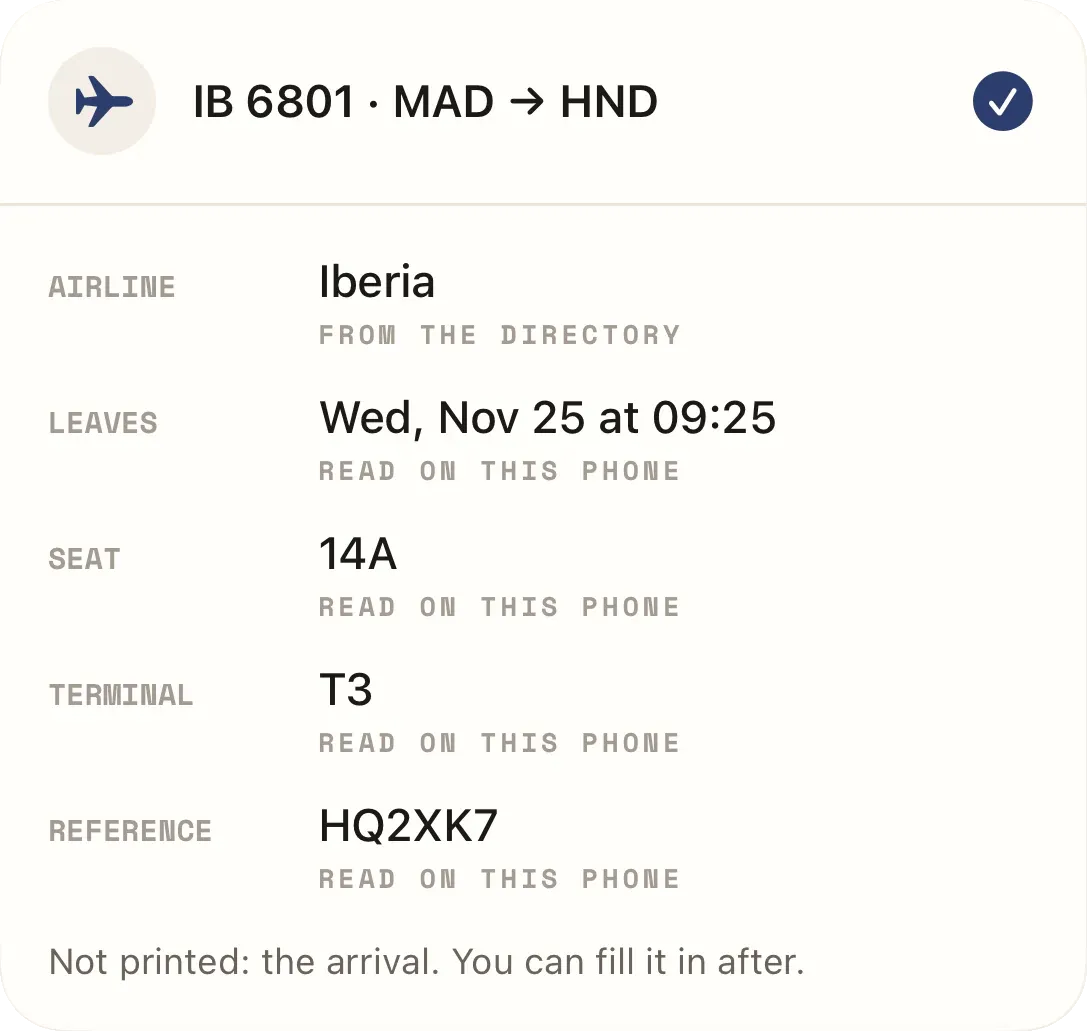A booking for IB 6801 from Madrid to Tokyo Haneda, its seat, terminal and reference read on this phone